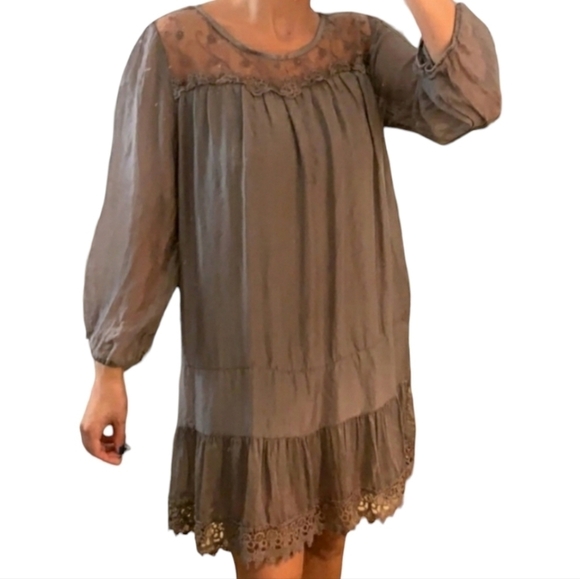 Prontomoda Giusy Hobo Toupe Silk And Lace Long Sleeve Mini Dress - Size Small - Picture 1 of 8